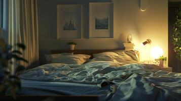 3d rendering of a bedroom interior with a bed and a lamp photo