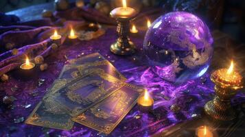 The Tarot cards with crystal, candles and magic objects photo