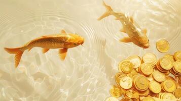 Goldfish and gold coins on yellow background. photo