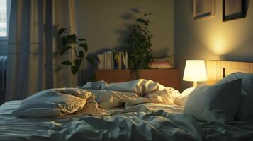 3d rendering of a bedroom interior with a bed and a lamp photo