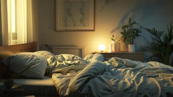 3d rendering of a bedroom interior with a bed and a lamp photo