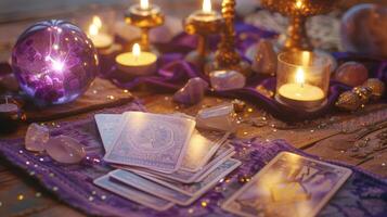 The Tarot cards with crystal, candles and magic objects photo