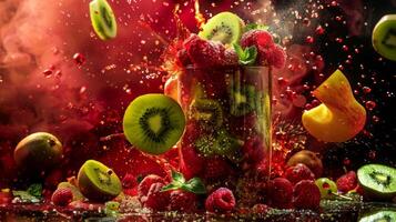 A glass of cocktail made of raspberries mixed with kiwi juice , surrounded by a fruit explosion photo