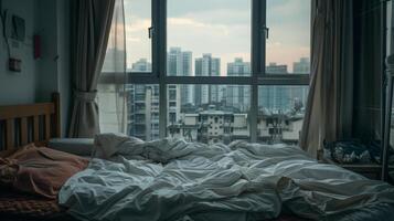 The bed in the hotel room with the view of the city. photo