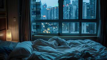The bed in the hotel room with the view of the city. photo