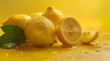 Fresh whole and sliced lemons with water droplets on a vibrant yellow background, freshness theme photo