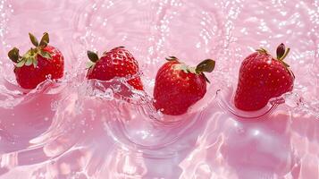 Strawberries in water with splash and drops on pink background. photo