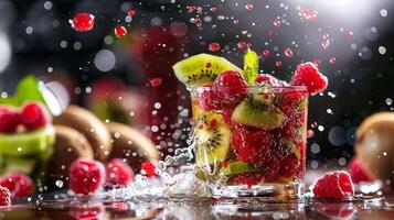 A glass of cocktail made of raspberries mixed with kiwi juice , surrounded by a fruit explosion photo