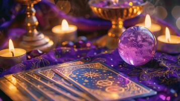 The Tarot cards with crystal, candles and magic objects photo