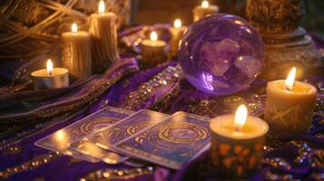 The Tarot cards with crystal, candles and magic objects photo