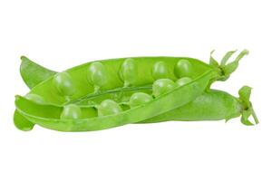 One fresh green pea pod, opened to reveal the peas inside, isolated on a white background photo