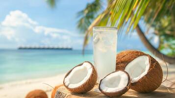 Coconut and Glass of Juice on Wooden Surface with Ocean Background photo