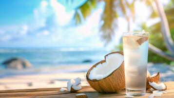 Coconut and Glass of Juice on Wooden Surface with Ocean Background photo