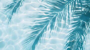 Top view of light blue water ripples with palm leaf shadow on concrete background, banner design, summer concept photo
