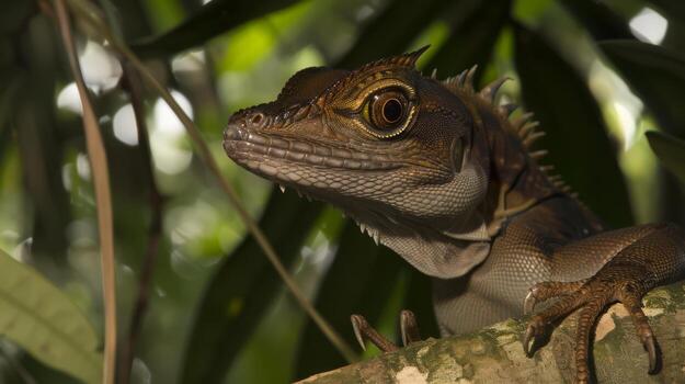 A lizard is sitting on a tree branch with leaves in the background, AI photo