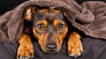 A dog laying on a blanket with its head sticking out, AI photo