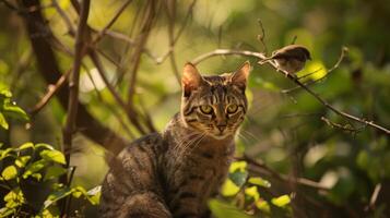 A cat sitting in a tree with bird on branch, AI photo