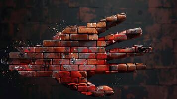 A hand made of bricks is being pulled apart by a brick wall, AI photo