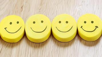 A row of yellow smiley faces on a wooden surface, AI photo
