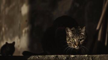 A cat with green eyes and a mouse in the background, AI photo