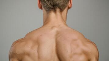 A man with no shirt on standing in front of a gray background, AI photo