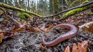 A worm crawling on the ground in a forested area, AI photo