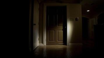 A dark room with a door and light shining through it, AI photo