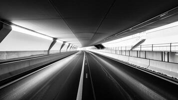 A black and white photo of a highway tunnel with cars driving, AI