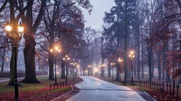 A walkway in a park with lights on both sides of it, AI photo
