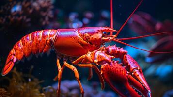 A lobster is swimming in a tank with some plants, AI photo