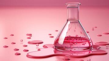 A glass beaker with liquid in it on a pink background, AI photo