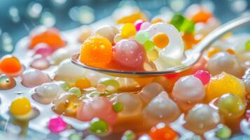A spoon full of colorful fruit and candy on a plate, AI photo