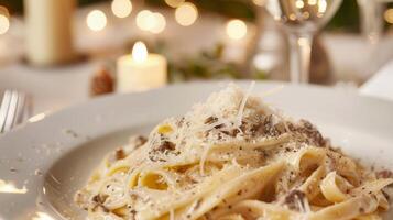 A plate of pasta with cheese and mushrooms on a white table, AI photo