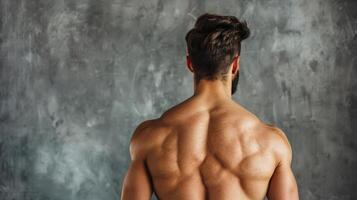 A man with no shirt on standing in front of a wall, AI photo