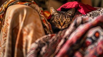 A cat peeking out from under a blanket on top of another, AI photo