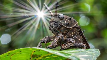A bug with spikes on its back sitting in the sun, AI photo