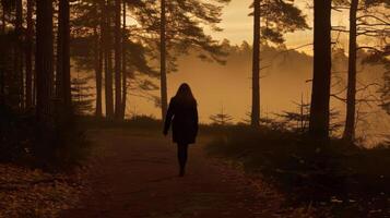 A woman walking down a path in the woods at dusk, AI photo