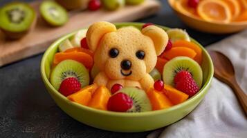 A bowl of fruit with a stuffed bear face made out of it, AI photo