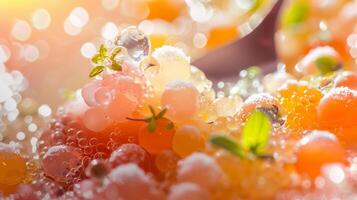 A close up of a bunch of fruit and vegetables on top of water, AI photo