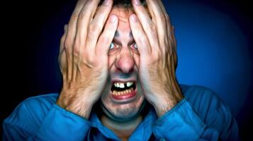A man with hands covering his face and a blue shirt, AI photo