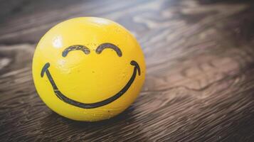A yellow egg with a smiley face drawn on it sitting on top of wood, AI photo