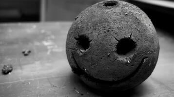 A black and white photo of a smiling face on top of table, AI