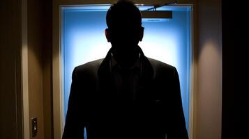 A man in a suit standing next to an open door, AI photo