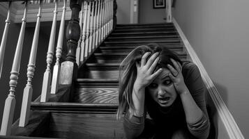 A woman sitting on the stairs with her head in hands, AI photo
