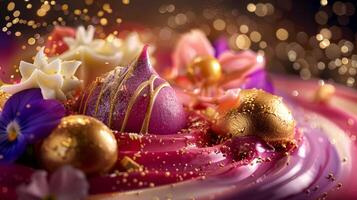 A close up of a chocolate cake with gold and white decorations, AI photo