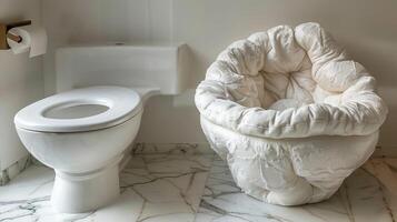 A toilet and a bathtub in the bathroom with white tile, AI photo