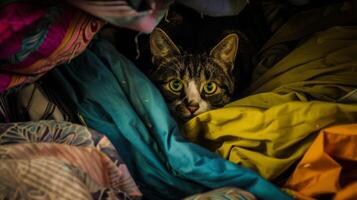 A cat peeking out from under a pile of blankets, AI photo