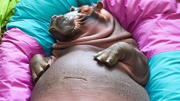 A hippo laying on a colorful blanket with its front legs spread out, AI photo