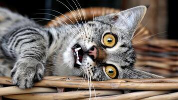 A cat laying on a woven basket with its mouth open, AI photo