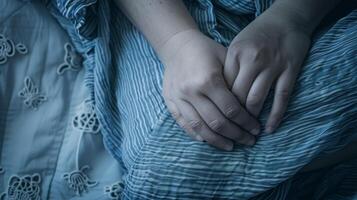 A person sitting on a bed with their hands folded in front of them, AI photo